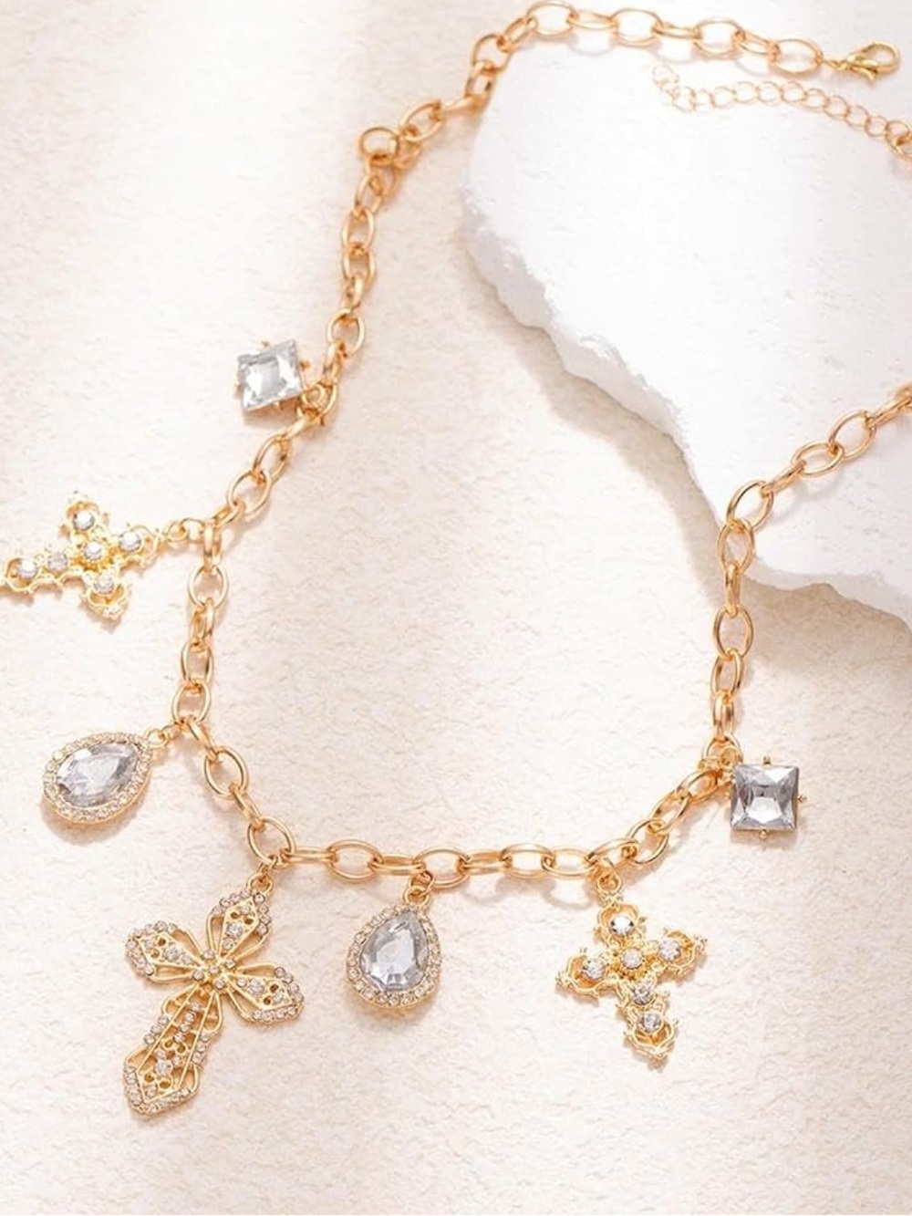 Anthropologie Gold Cross & Crystal Charm Necklace - Picture 3 of 7